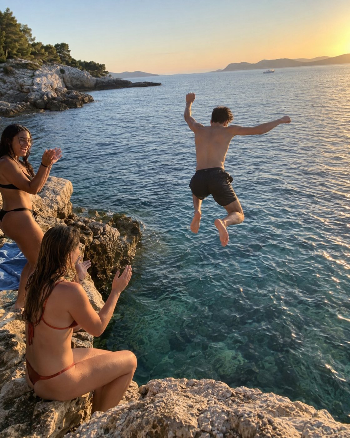 A friend jumping off rocks into the sea